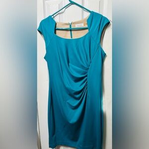 Calvin Klein Size 12 Teal Blue Sleeveless Dress Pleated Sheath Square Neck